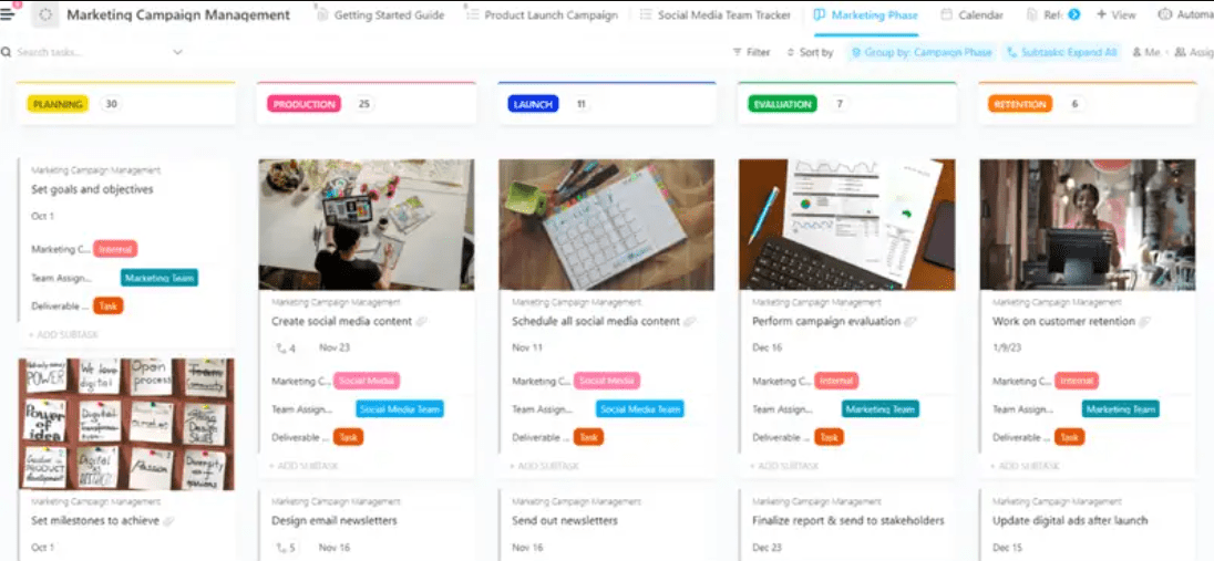 Templat Manajemen Kampanye Pemasaran ClickUp dirancang untuk membantu Anda mengelola kampanye pemasaran dari awal hingga akhir.  