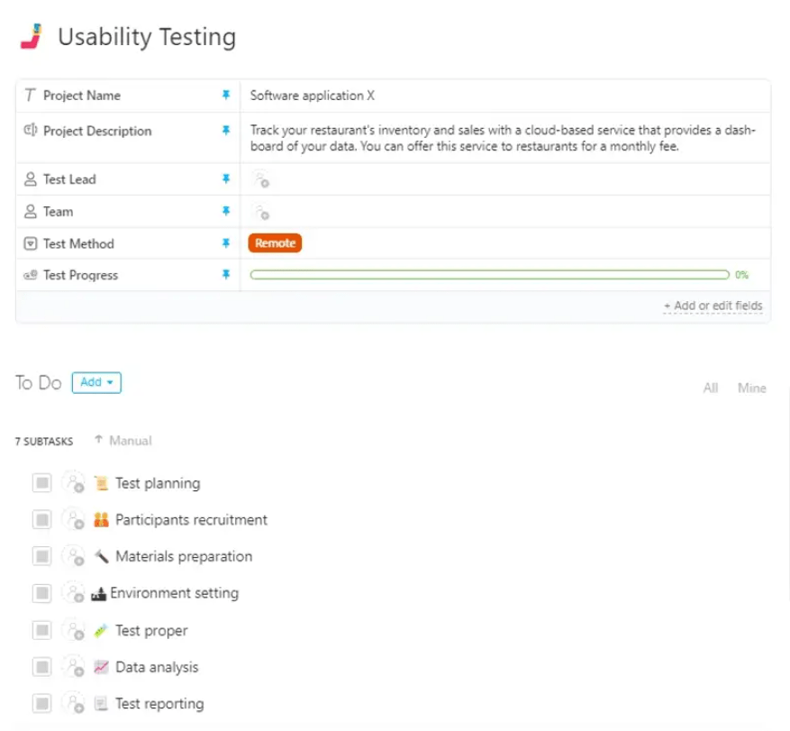 Test processes from planning to the reporting stage with ClickUp’s Usability Testing Plan Template