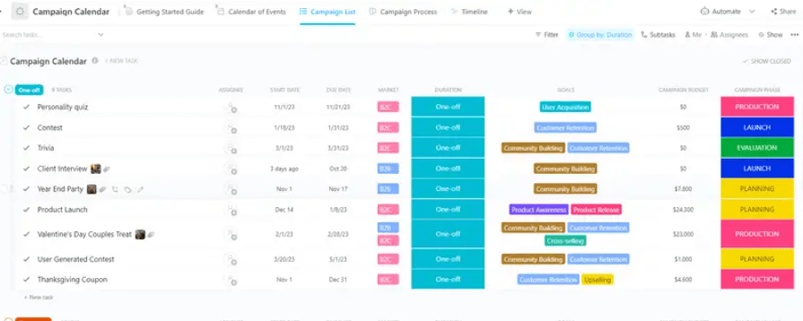 Gardez votre équipe alignée et vos campagnes sur le suivi avec le modèle de calendrier de campagne de ClickUp