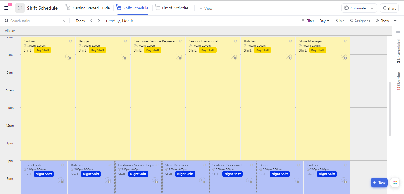 Tenga en cuenta la falta de personal durante los periodos de descanso con la plantilla de programación de turnos de ClickUp