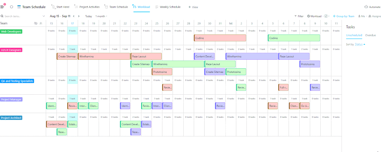 Zapewnij swojemu zespołowi widoczność zadań (i czasu wolnego) dzięki szablonowi kalendarza ClickUp Team Schedule