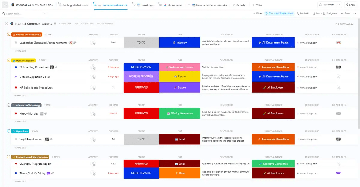 Mettez en place votre stratégie de communication interne à partir de zéro en modifiant les objectifs, les parties prenantes, les vues Liste et le Calendrier à l'aide du modèle de communication interne ClickUp