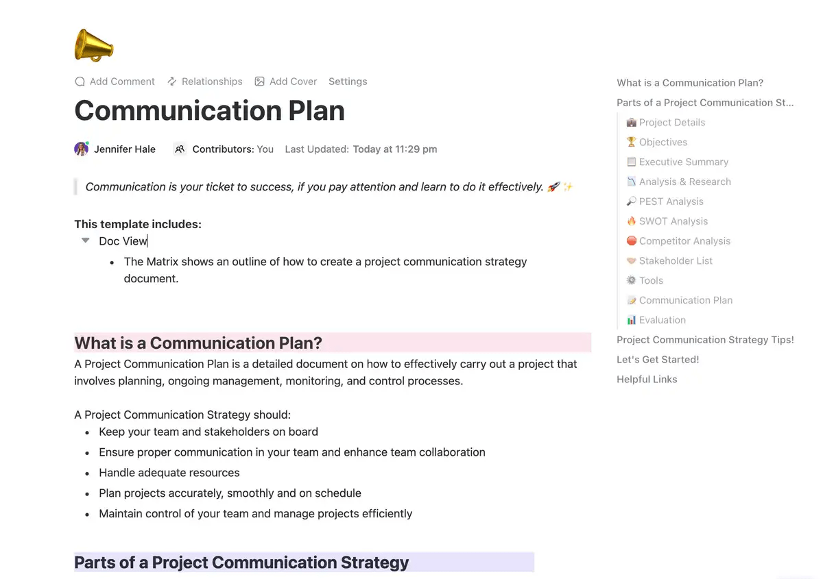 Roll out a consistent communication strategy across the organization by documenting stakeholders, roles, and channels with ClickUp’s Communication Plan Template