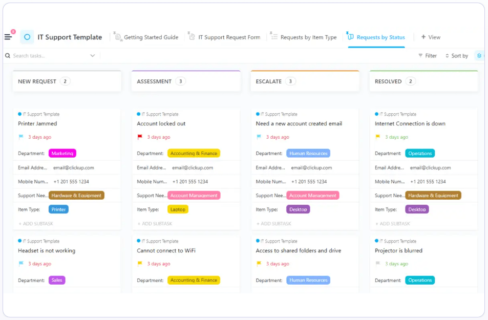 Personel TI dapat menggunakan Template Dukungan TI ClickUp untuk membantu semua orang tetap berada di halaman yang sama saat memecahkan masalah teknis dan dukungan