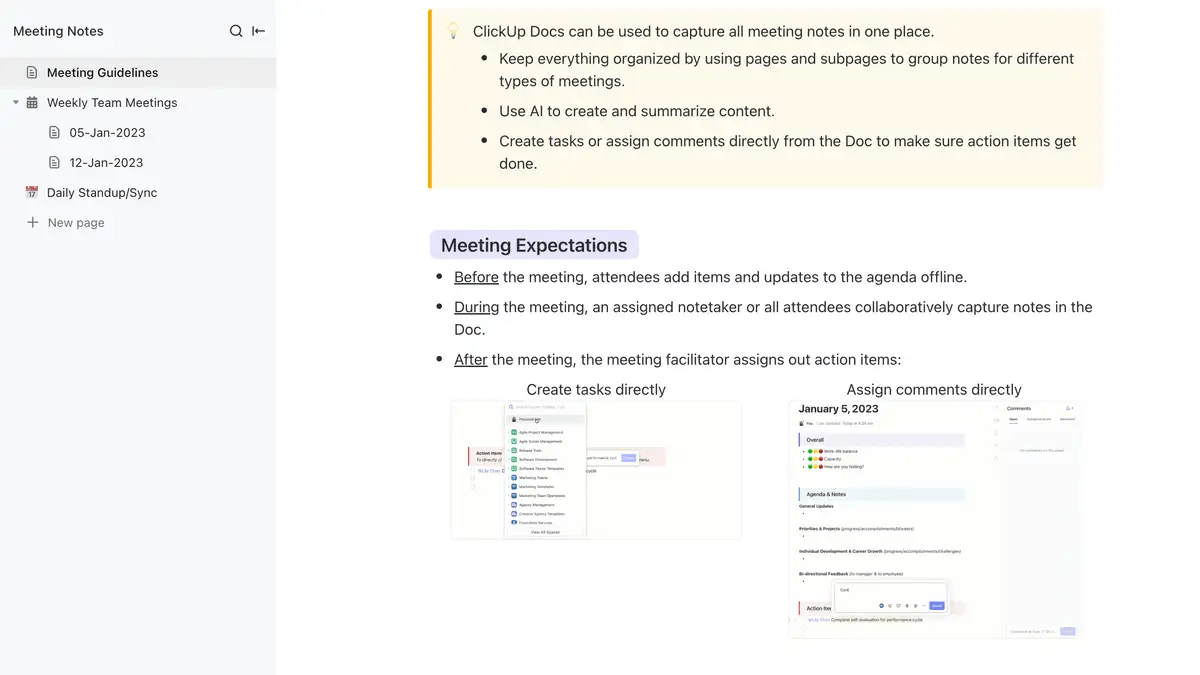 Mantenete le vostre riunioni organizzate ed efficienti con il modello per le note di ClickUp