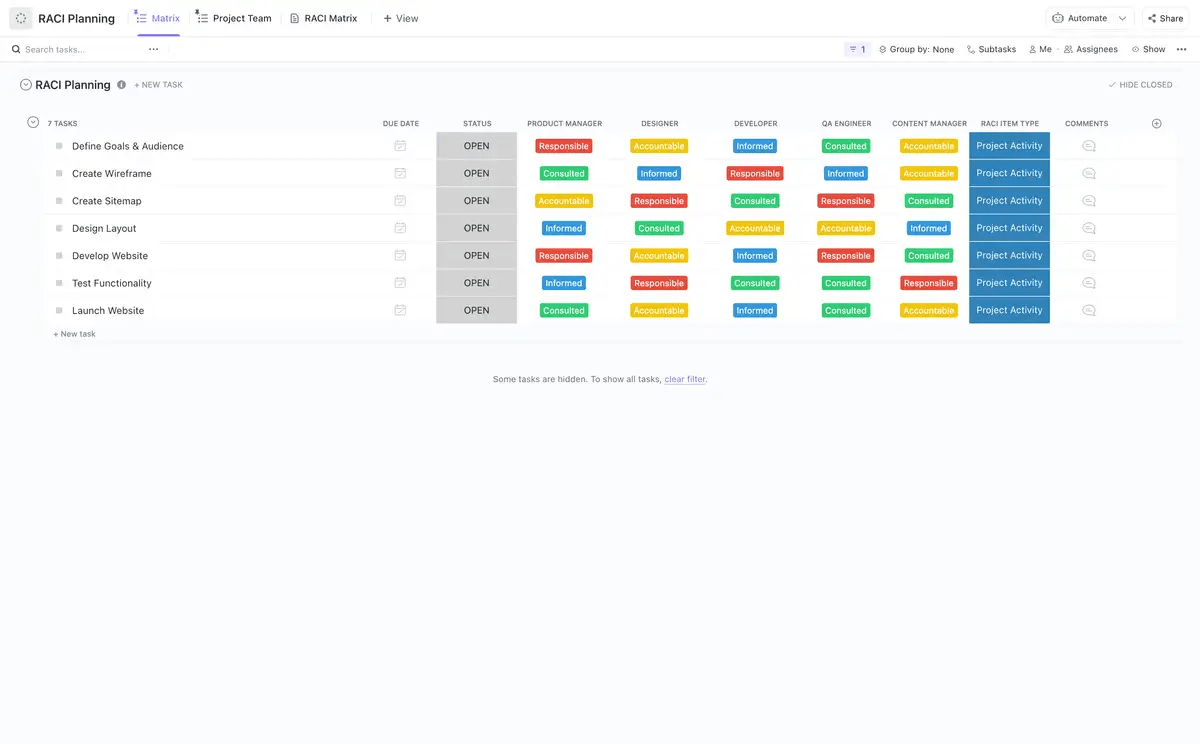 Evite los problemas de comunicación relacionados con las tareas definiendo claramente las responsabilidades con la plantilla de matriz RACI de ClickUp