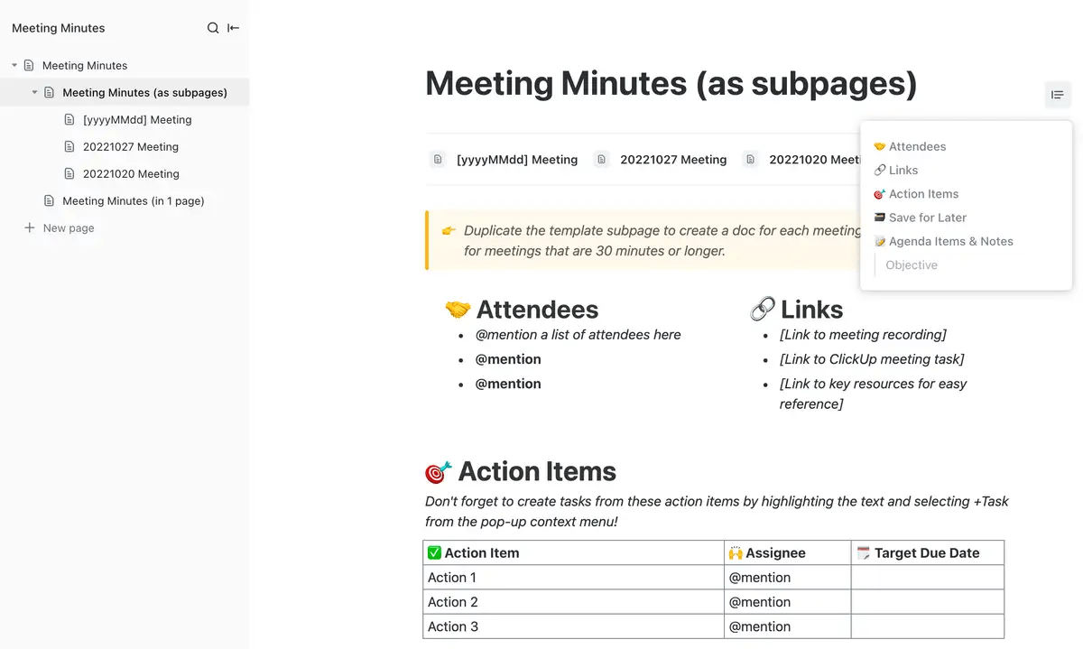 Take the perfect meeting notes for virtual online meetings and never be on the lookout for missing details with the ClickUp Meeting Minutes Template