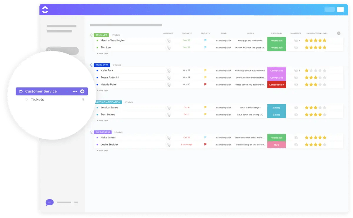 Easily monitor incoming customer support tickets with the ClickUp Customer Service Management Template