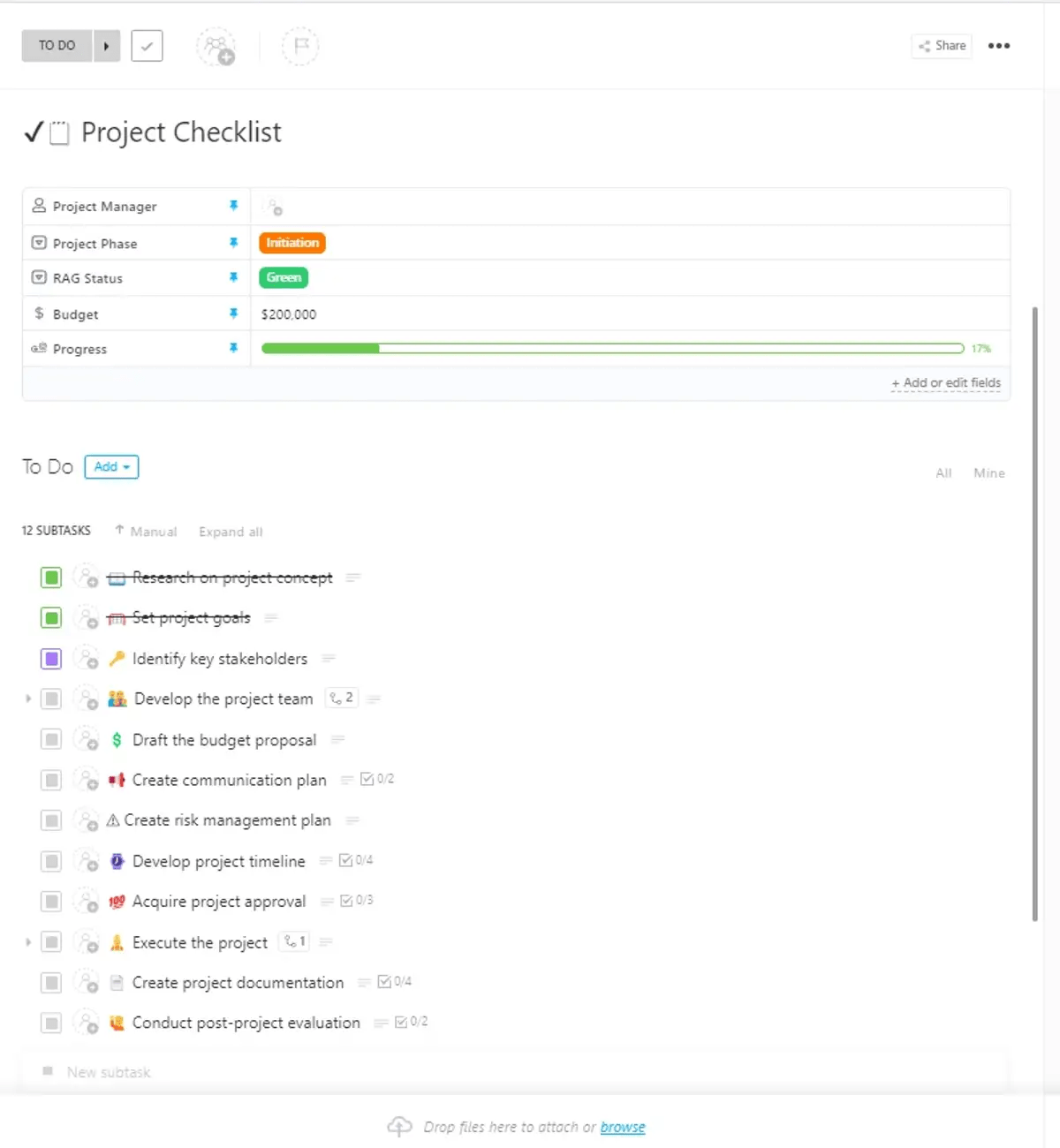 Szablon listy kontrolnej projektu ClickUp