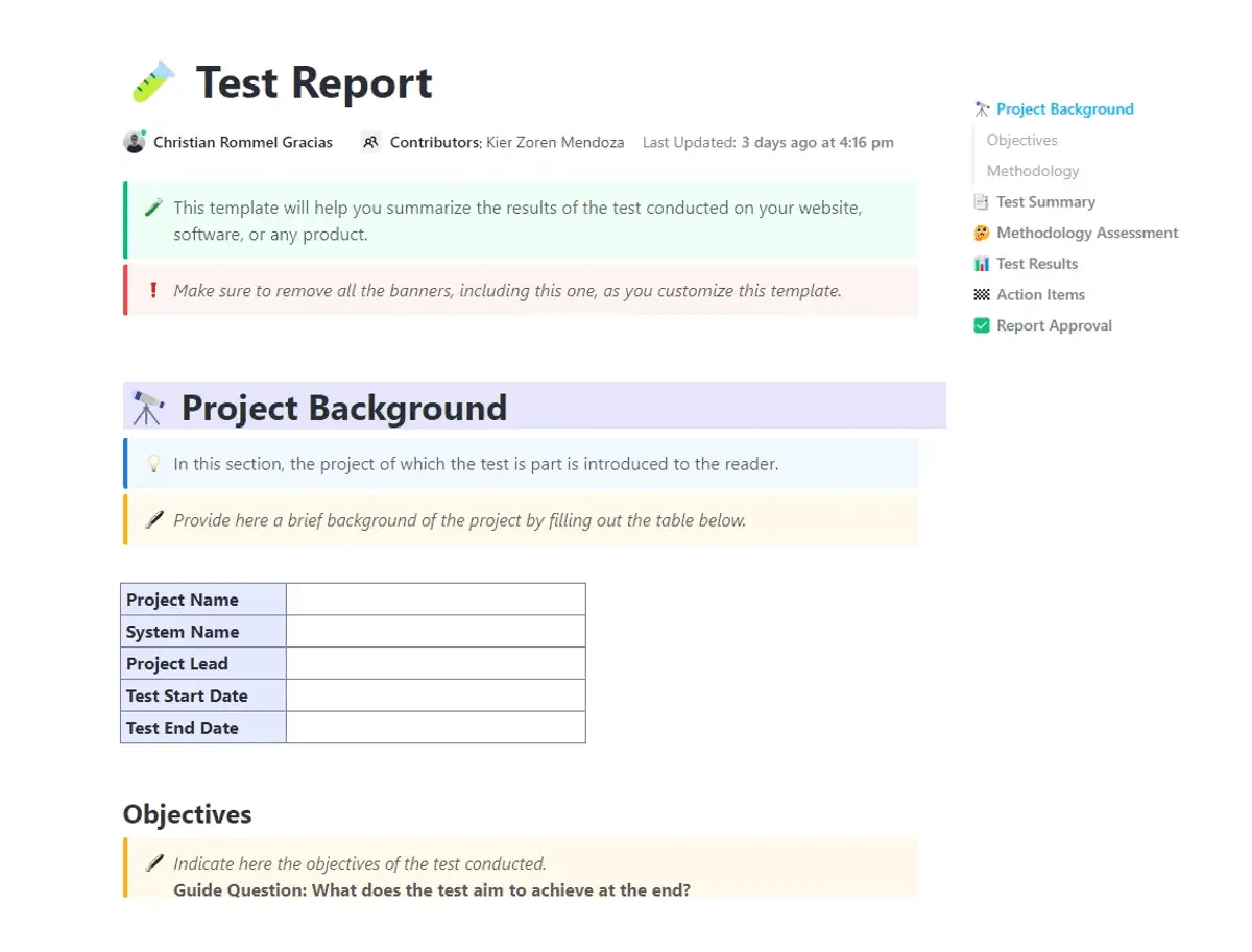 Resuma los resultados de las pruebas realizadas en su sitio web, software o cualquier producto utilizando la plantilla de informe de pruebas de ClickUp