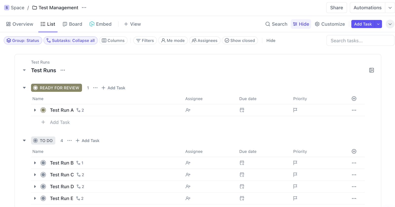 Skorzystaj z szablonu do zarządzania testami ClickUp, aby zarządzać kilkoma testami manualnymi lub rozbudowanym systemem automatyzacji