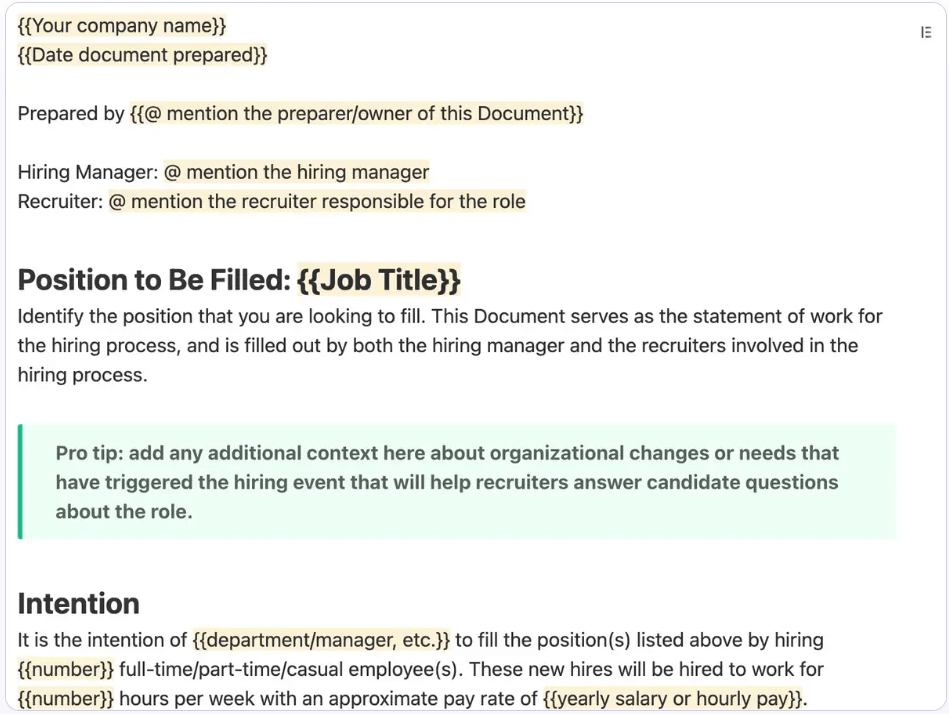 Documentez toutes les informations clés de l'embauche avec le modèle de document de stratégie de recrutement de ClickUp