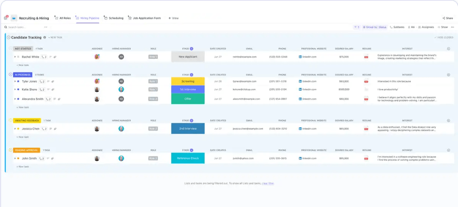 Organisez votre processus d'embauche avec ce modèle ClickUp de recrutement et d'embauche tout-en-un