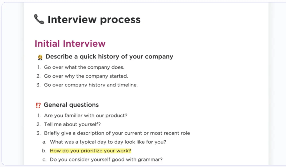 Curate il miglior processo di intervista per identificare i migliori talenti con il modello di processo di colloquio ClickUp