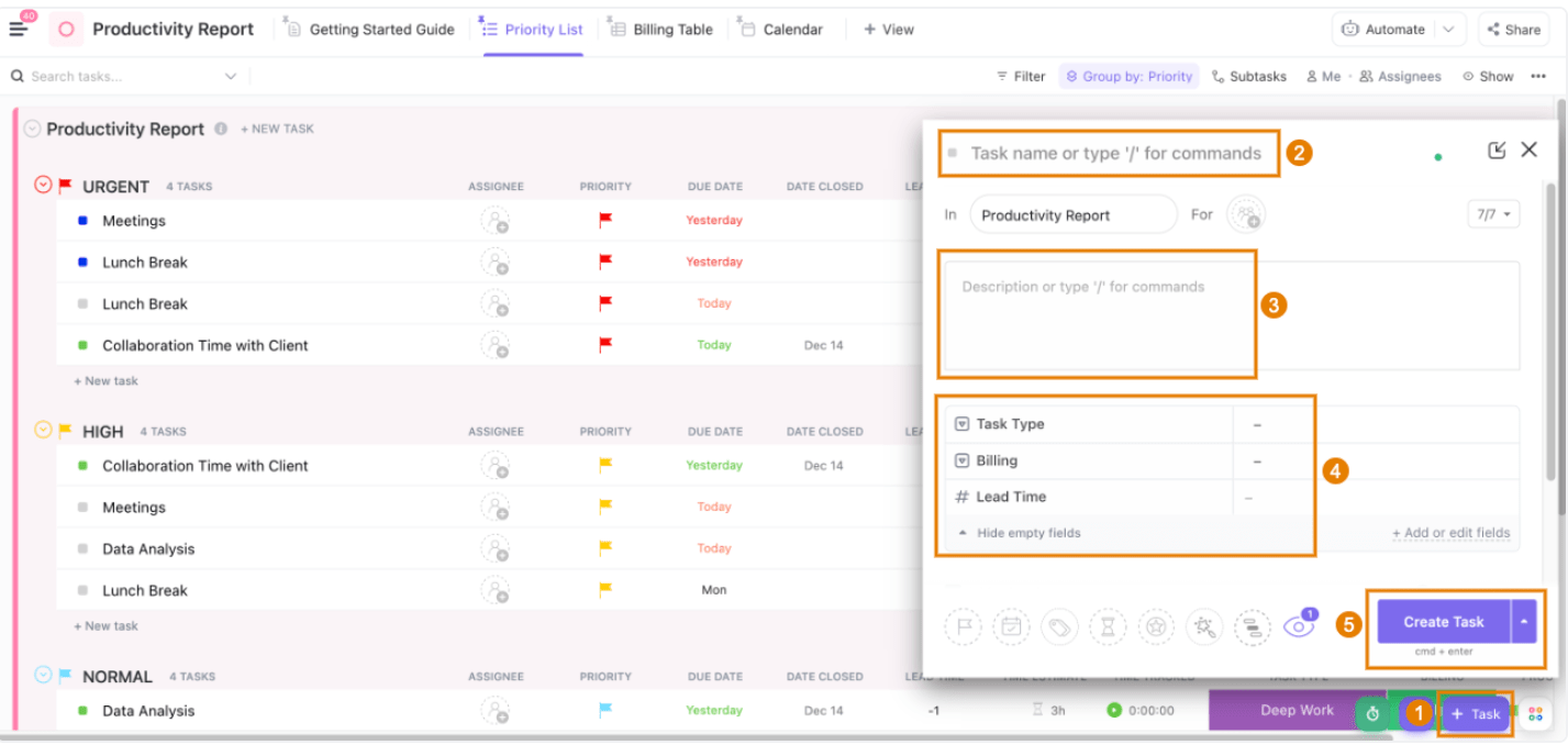 Templat Laporan Produktivitas Pribadi ClickUp memungkinkan Anda membuat tugas, menetapkan prioritas, dan melihatnya bersama dalam tampilan kalender