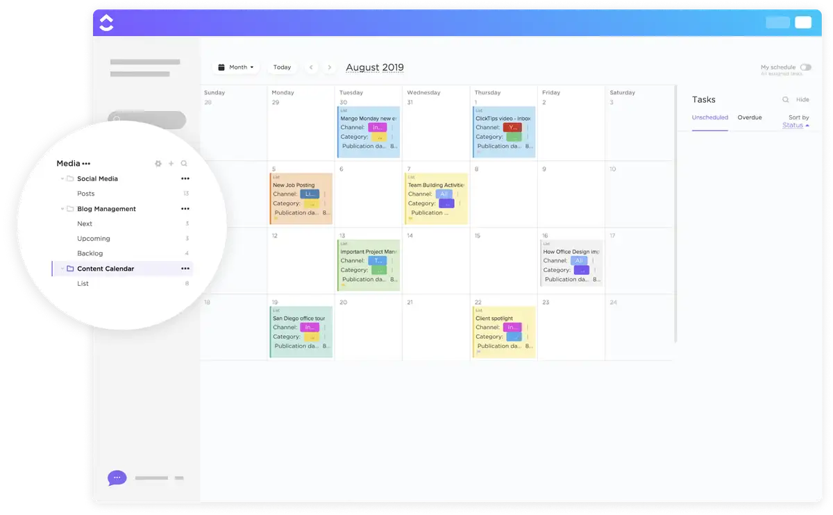 ClickUp's Vorlage für den Kalender mit Inhalten