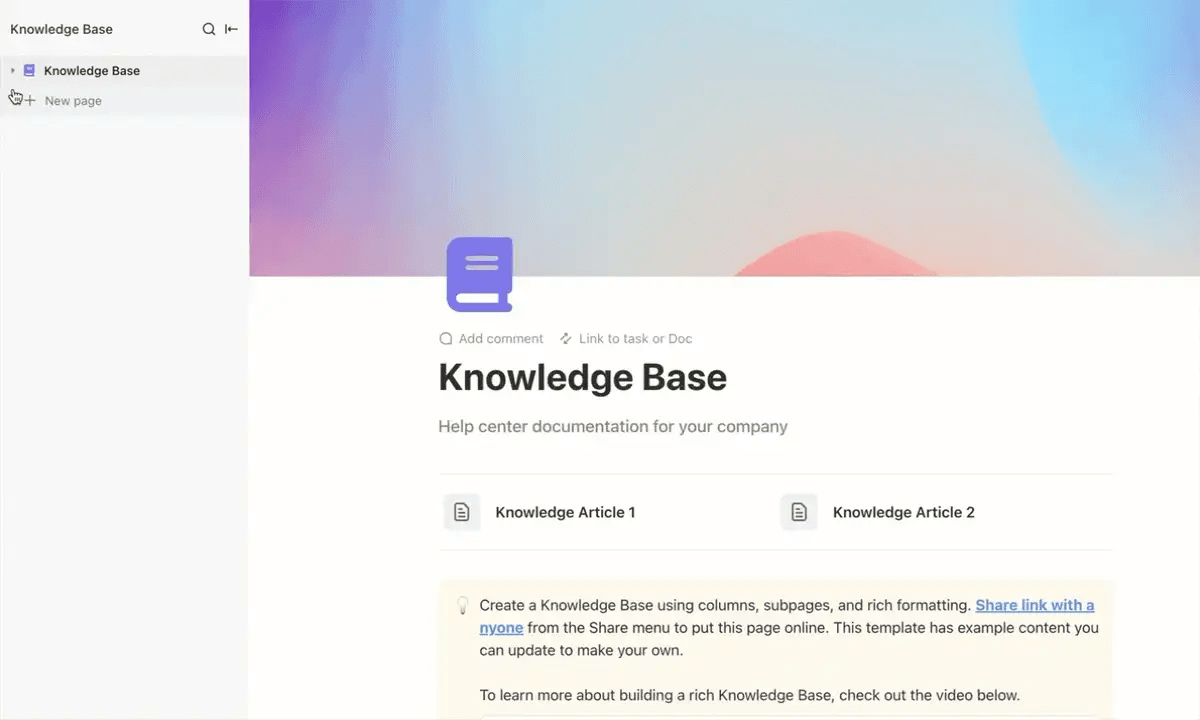 Modello di Knowledge Base di ClickUp