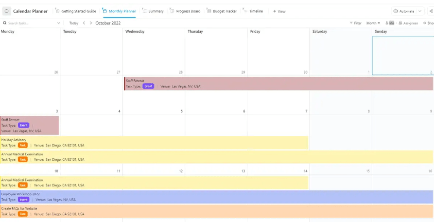 ClickUp Calendar Planner Templateですべての活動を管理し、すべてを整理整頓しましょう。