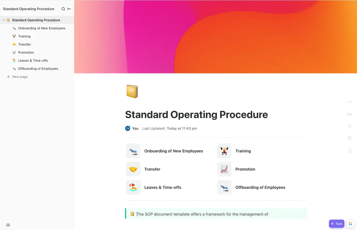 ClickUp Standard Operation Procedures Template（クリックアップ・スタンダード・オペレーション・プロシージャ・テンプレート）を使って、詳細なITポリシーSOPを作成し、カスタマイズする。