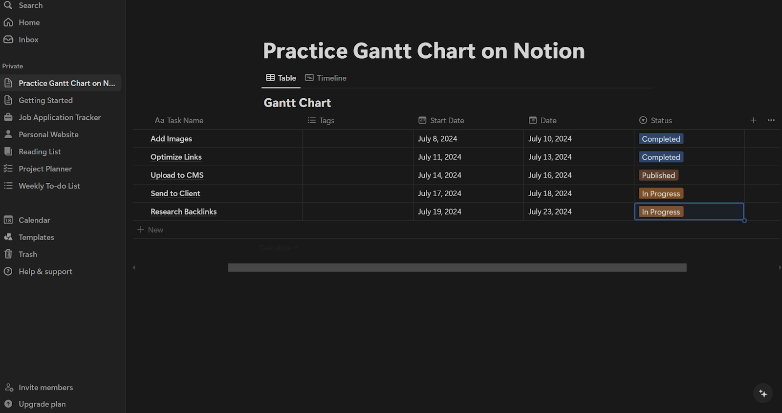 Step 4 to make a Gantt Chart on Notion