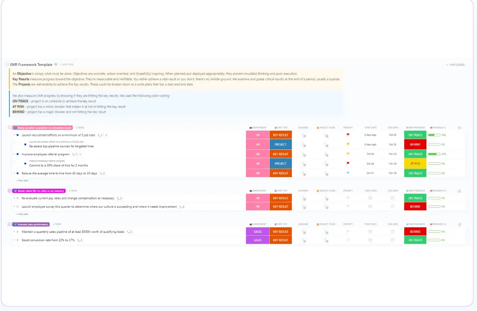 ClickUp의 이 OKR 프레임워크 템플릿으로 팀에 책임감을 심어주세요