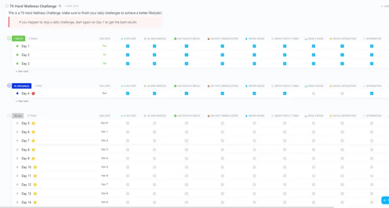 ClickUp 75 Hard Wellness Challenge Template