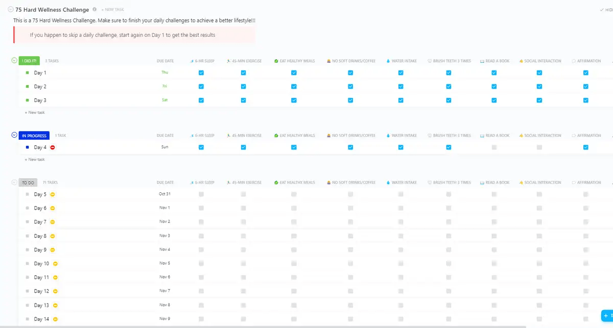 Stick to your 75-day challenge with the ClickUp 75 Hard Wellness Challenge Template