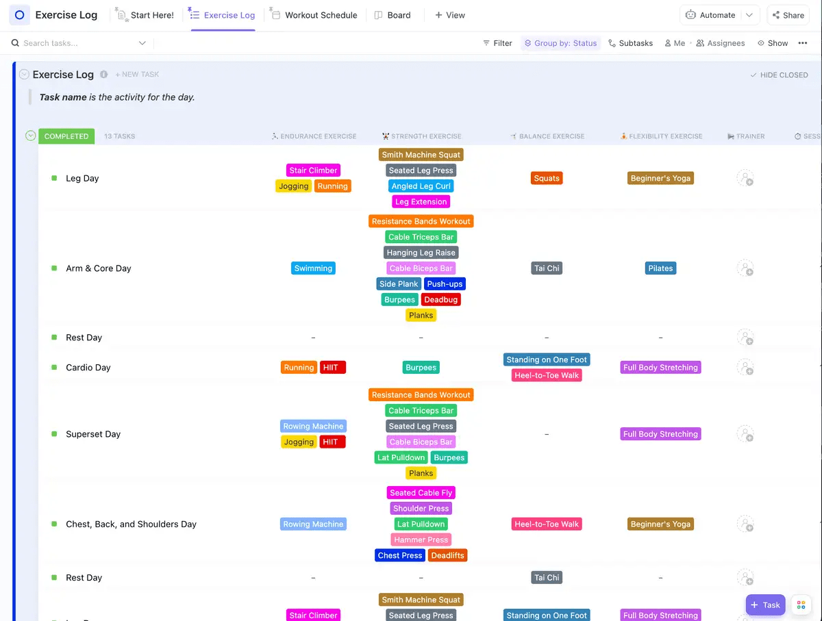 ClickUp Exercise Log Templateを使って、各トレーニングを詳細にメモして記録しましょう。