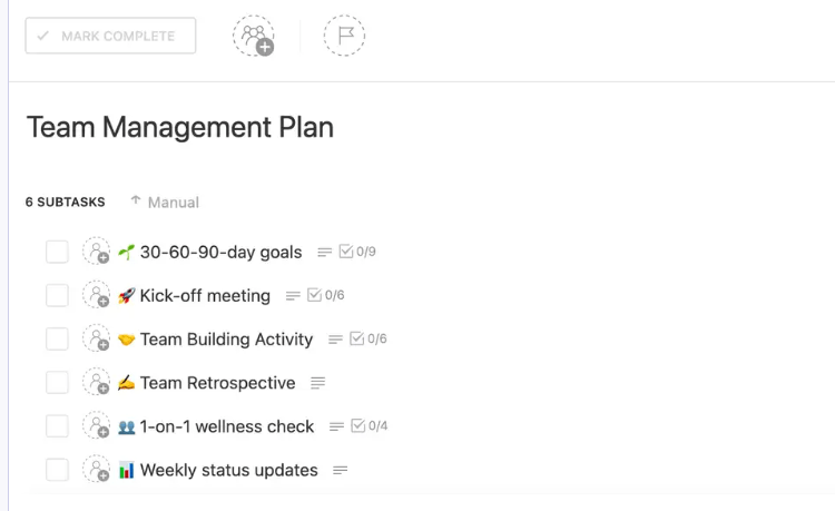 ClickUp's Team Management Plan Template is designed to help you organize and manage your team's tasks. 