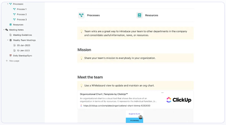 Create a centralized hub for storing and sharing all your product-related documents, from design specs to user manuals, with the ClickUp Team Docs Template