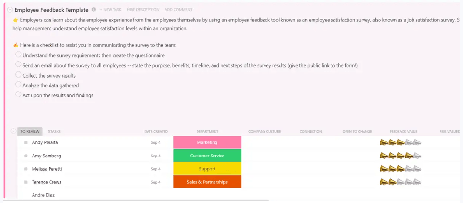 ClickUpの従業員フィードバックテンプレートは、管理職と従業員の間のオープンで正直な会話のためのプラットフォームを提供します。