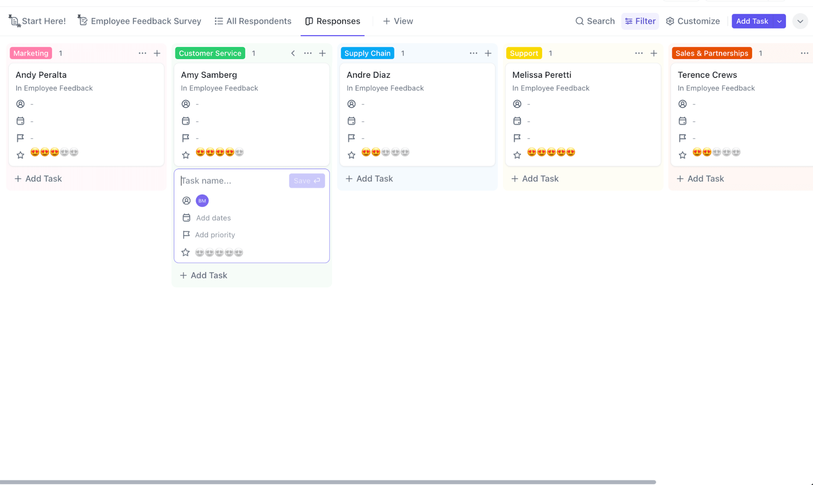 Migliorate il coinvolgimento dei dipendenti e riducete la rotazione segmentando le sfide e i feedback dei dipendenti con il modello di feedback dei dipendenti di ClickUp