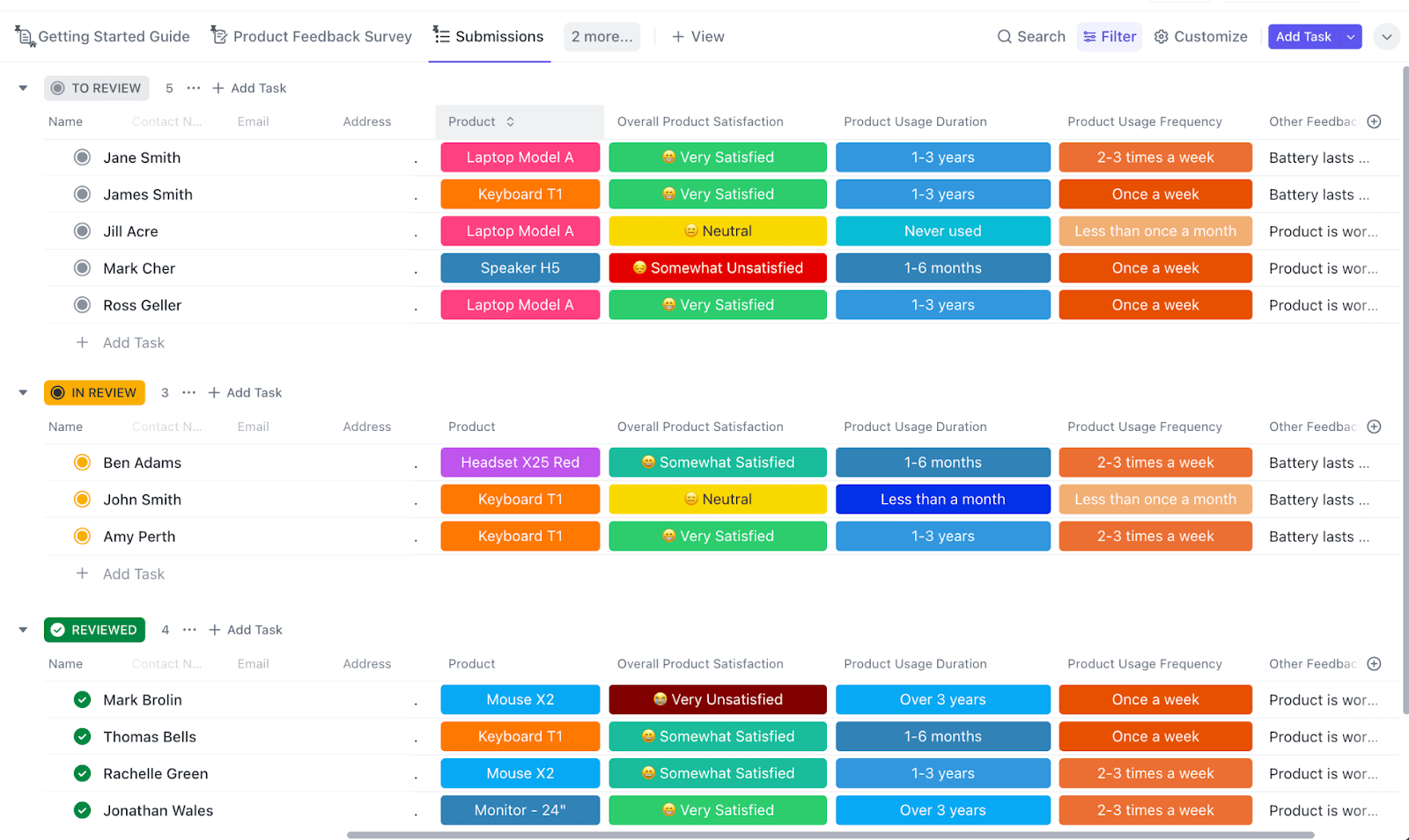 Verwenden Sie die ClickUp Vorlage für die Produkt-Feedback-Umfrage, um Features zu testen und die Zielgruppe zu befragen