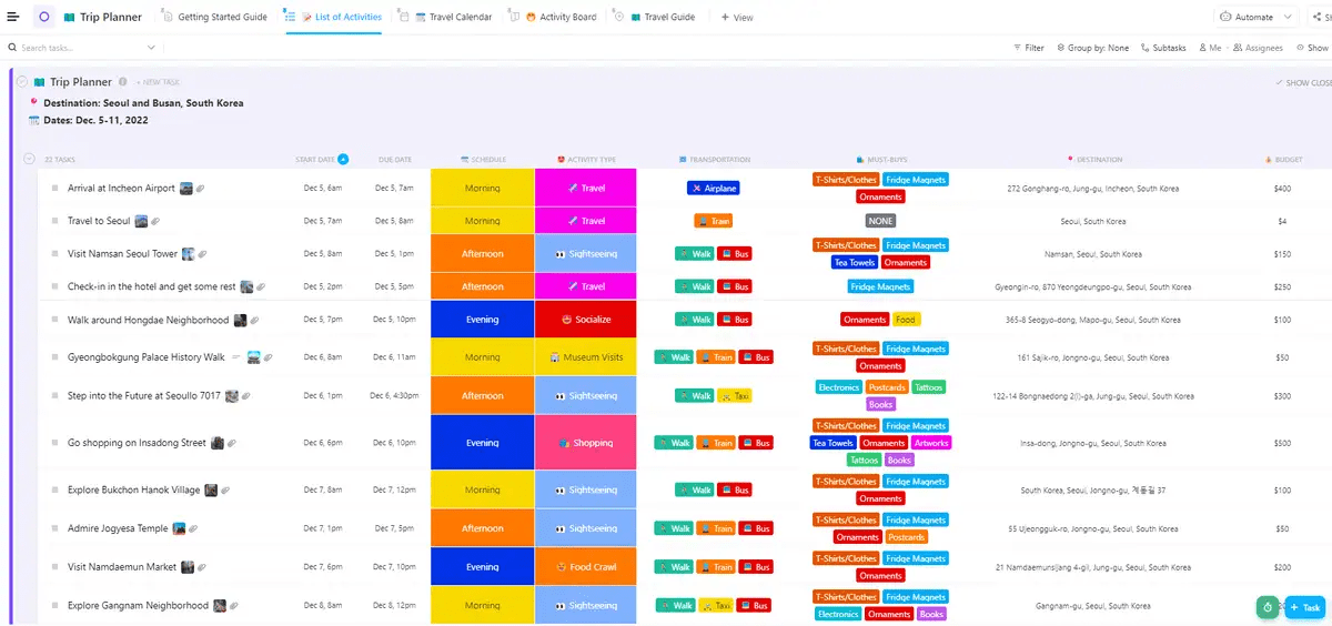 Organize, visualize, and access all your trip details in one place with the ClickUp Trip Planner Template