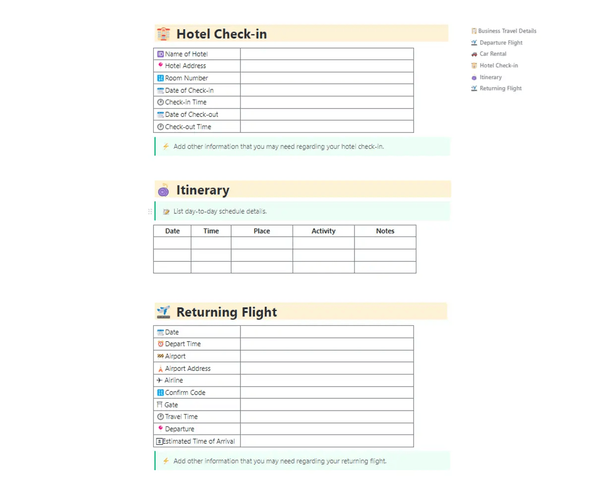 Plan business travels ahead of time so that ravel anxiety never gets in the way of work with the ClickUp Business Travel Itinerary Template