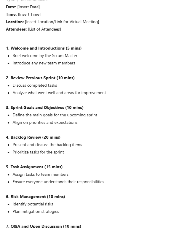 meeting agenda example created by Clickup brain