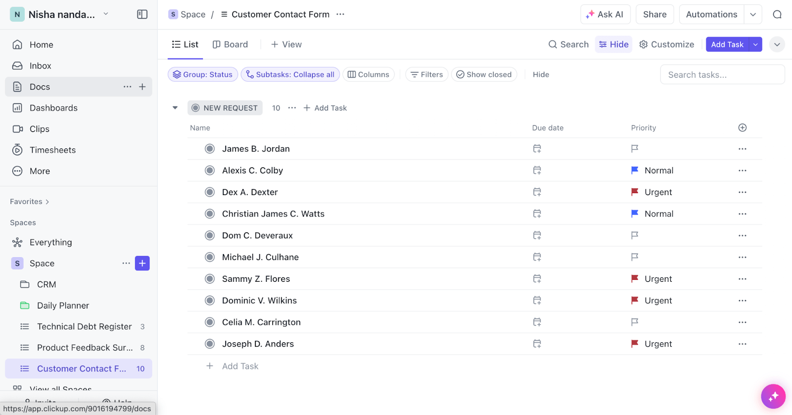 Acompanhe e responda às consultas dos clientes com o modelo de formulário de contato com o cliente do ClickUp