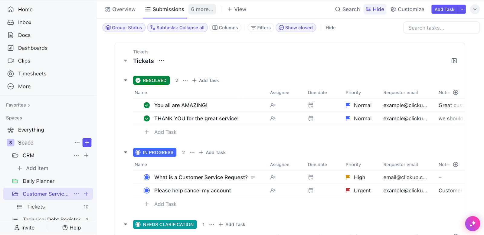 Track and answer customer support questions with the ClickUp Customer Service Management Template