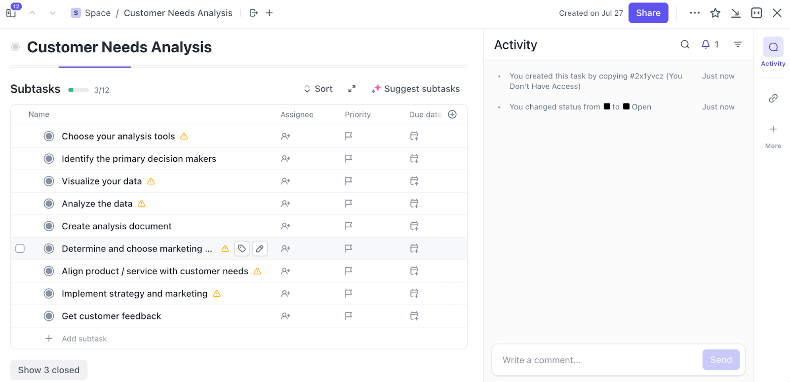 Configure um processo para descobrir o que os clientes realmente precisam com o modelo de análise de necessidades do cliente do ClickUp