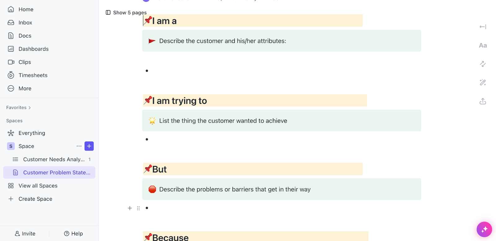 Identify the critical pain points of your buyer personas with the ClickUp Customer Problem Statement Template