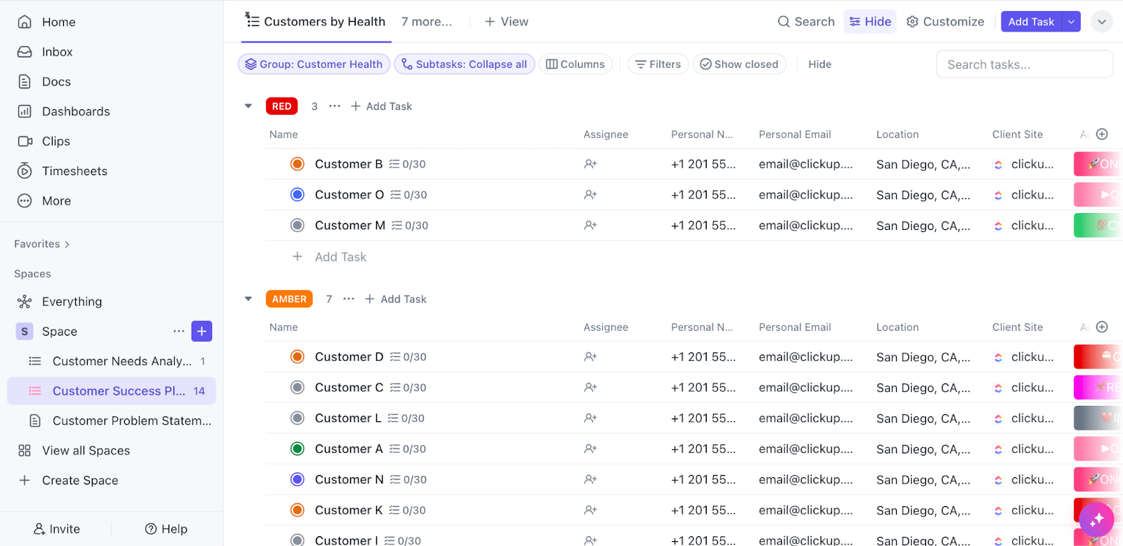 Centralize todas as atividades de integração e acompanhamento de seus clientes com o modelo de plano de sucesso do cliente do ClickUp