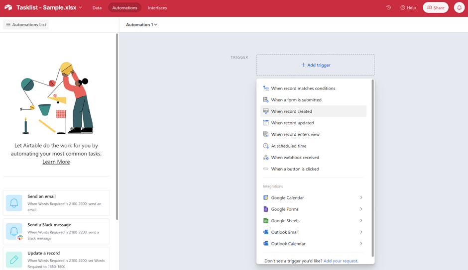 Desencadenantes e integraciones en Airtable