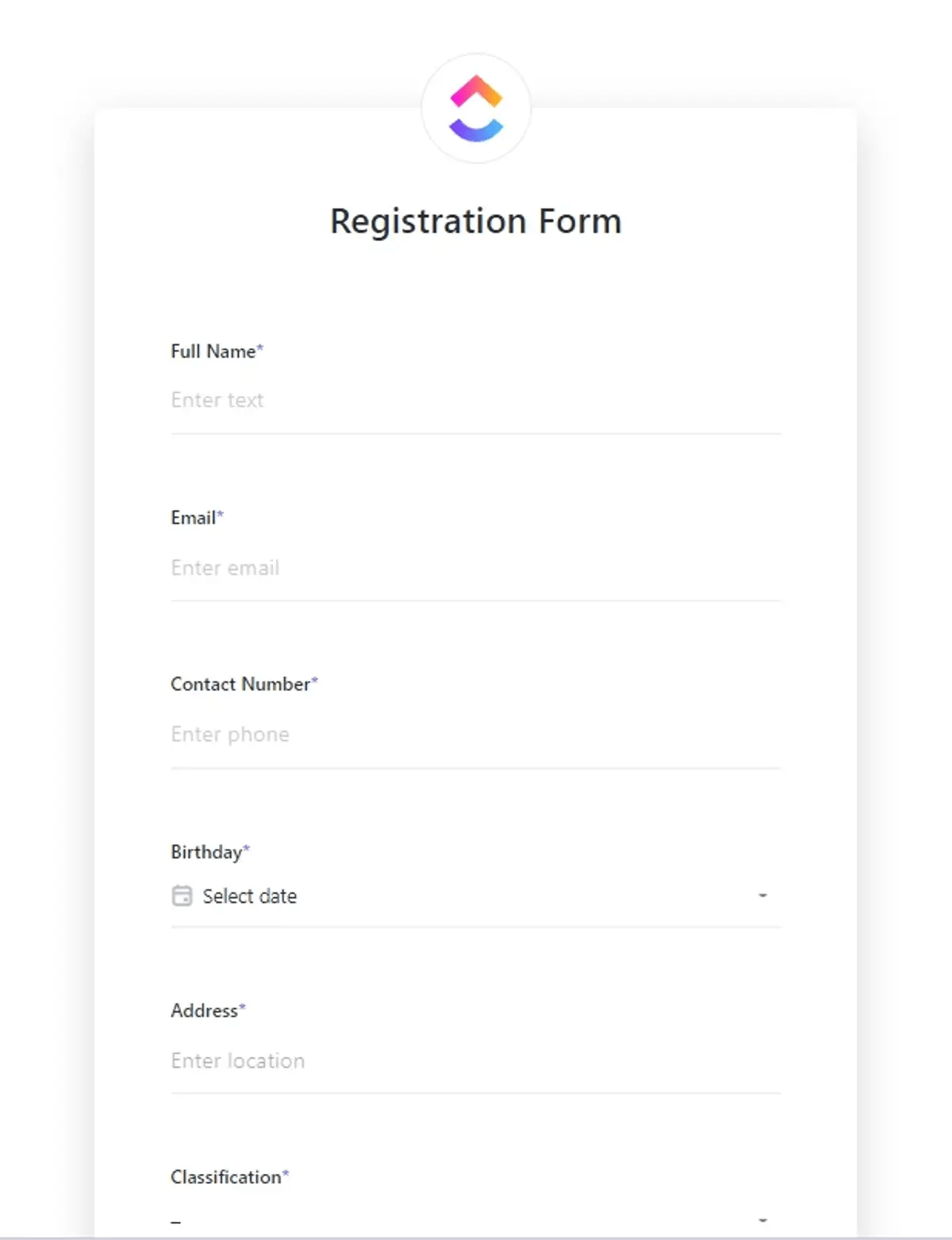 ClickUp's Form Template is designed to help you create, manage, and track forms in one place. 