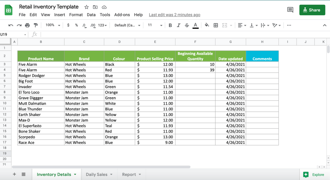 Retail Inventory Template Google Sheets by Coupler