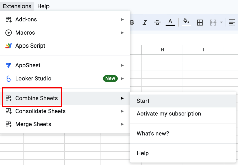 ‘Extensions’ tab in Google Sheets