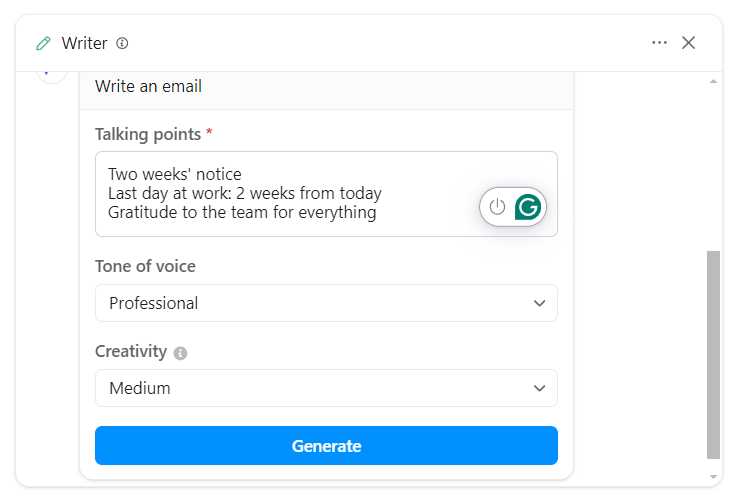 indicación de generación de correo electrónico de preaviso de 2 semanas en ClickUp Brain