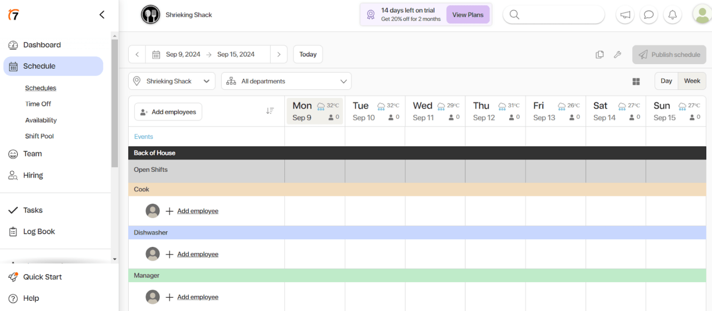 tableau de bord du logiciel de roulement 7shifts