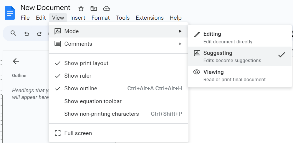 Activating the 'Suggesting' mode to track changes in Google Docs