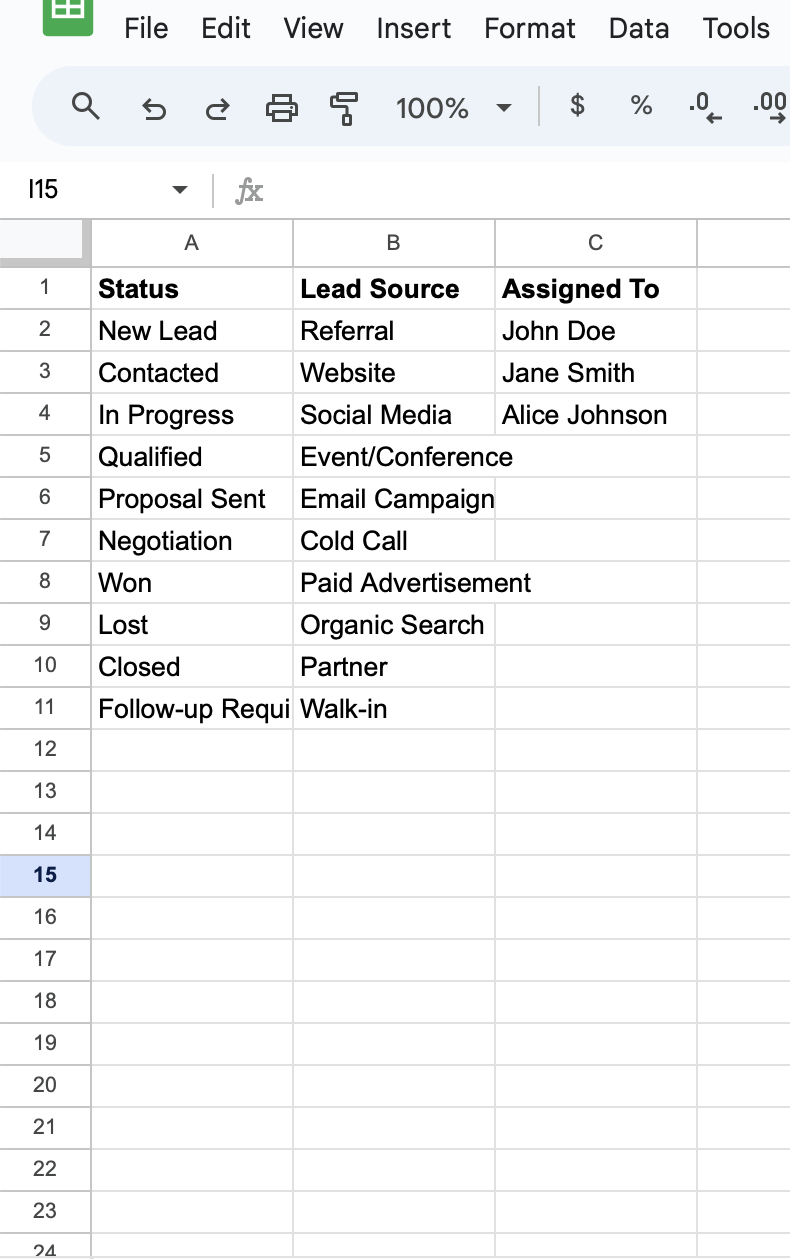 Hinzufügen von Optionen für Felder in der Google Tabellen crm Tabelle