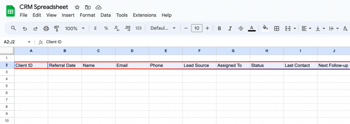 Adding column headers in Google Sheets crm spreadsheet  